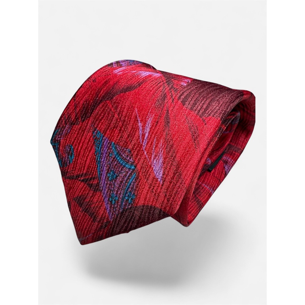 Fendi Silk Necktie Men One Size Red Excellent Paisley Feather Italian Luxury